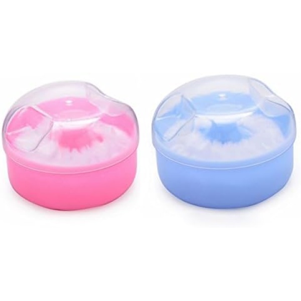 2PCS(Blue + Pink) Plastic Empty Portable Refill Baby Toddler Skin Care After-bath Loose Powder Case Face Body Talcum Make-up Storage Holder Container Dispenser with Soft Sponge Puff