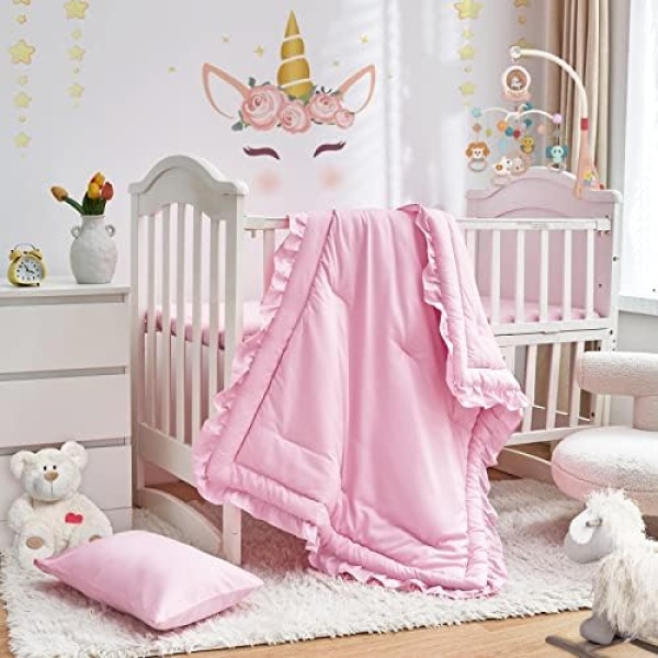 3 Pieces Crib Bedding Set Baby Ruffle Quilted Comforter with Fitted Sheet and Pillow - Cute Ruffled Shabby Chic Bedding Soft Blanket Design Pink