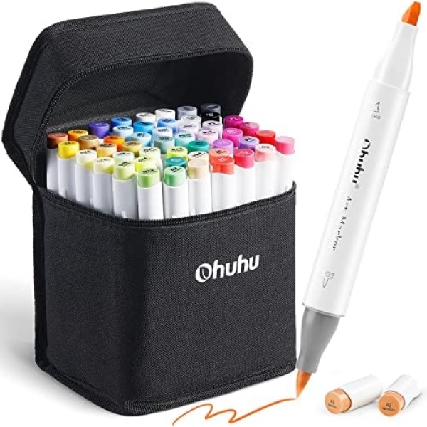 48 Color Ohuhu Alcohol Markers Brush Tip: Double Nibs Drawing Marker for Kids Adults Coloring Books Soft Tip Markers 1 Alcohol-based Marker Blender, Brush & Chisel- Honolulu New Year Pen Gift