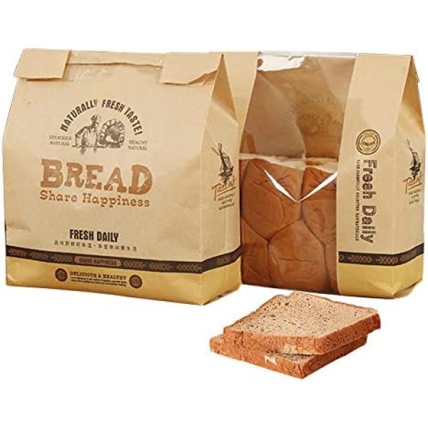 50 Pcs Kraft Paper Loaf Bread Packaging Bags,Toast Bakery Food Packaging Bag with Viewing Window,12.6"x8.3"x3.9" (Style D)