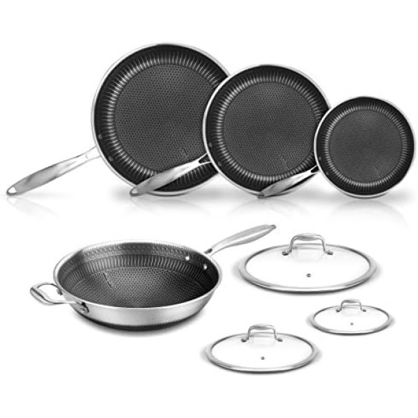 7-Piece Cookware Set Stainless Steel - Triply Kitchenware Pans Set Kitchen Cookware w/Dakin Etching Non-Stick Coating - Small, Medium, & Large Stir Fry Pan with Lid, Wok - NutriChef NC3PLY7S