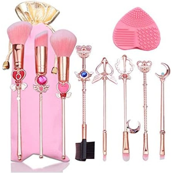 9 PCs Sailor Moon Makeup Brush Set Cute Pink Pouch,Foundation Eyebrow Eyeliner Eye-shadow Brush Cosmetic Conceler Brushes Kit Tool for Daily Use and Valentine's Day/Thanksgiving/Birthday Gift