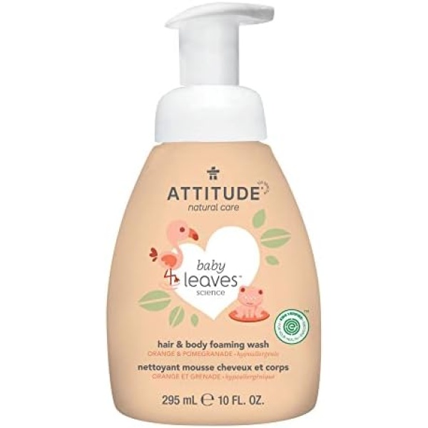 ATTITUDE Foaming Shampoo and Body Wash for Baby & Newborn, EWG Verified, Hypoallergenic Plant- and Mineral-Based Ingredients, Vegan and Cruelty-free, Orange and Pomegranate, 295 mL