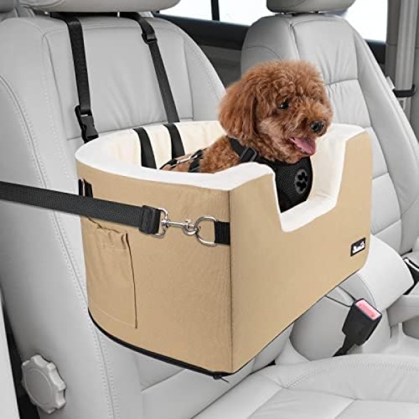 AUTOWT Dog Car Seat for Small Dog, Elevated Booster Seat with Viewport with Cushion and Safety Belt, Removable Washable Cover, Supports Pets Up to 18 lbs, Dog Car Travel Carrier Bed