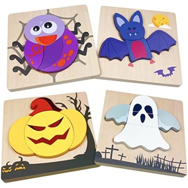 Anditoy 4 Pack Halloween Wooden Puzzles for Kids Toddlers Halloween Toys Party Favors Halloween Treat Bags Gifts