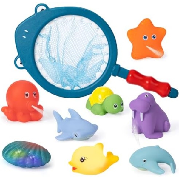 Baby Bath Toys, Freekite Fishing Game Set with 8 Cute Little Sea Animals and a Fishing Net, Toddler Bath Pool Beach Bathtub Toys for 1 2 3 4 5 Years Old