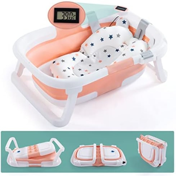 Baby BathTub, 4-in-1 Newborn to Toddler Tub with Temperature Sensor,Infant Waterproof Ear Cap and Soft Cushion included,Pink