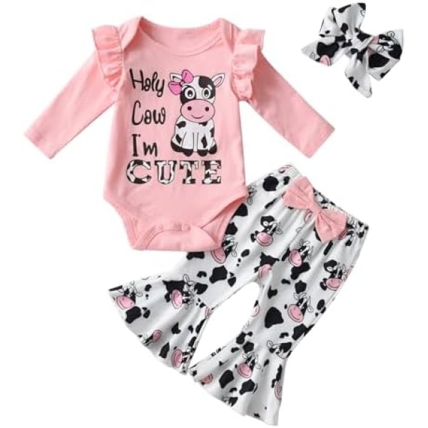 Baby Girl Clothes Newborn Cow Letter Ruffle Romper Bell Bottom Pants Headband Set 3PCS Fall Clothes