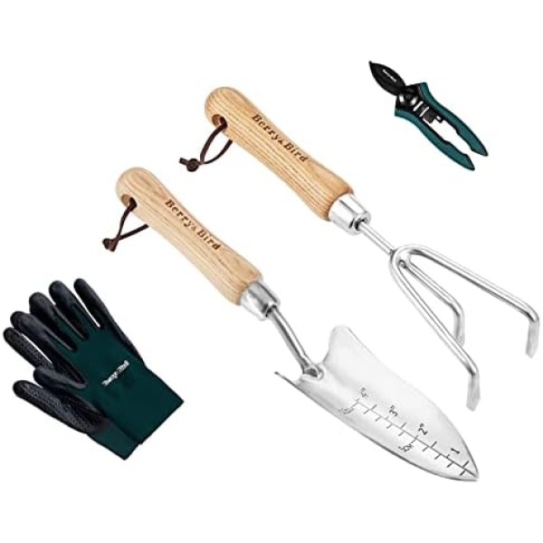 Berry&Bird Garden Tool Set，4 Piece Stainless Steel Garden Tool Kit with Wooden Handle Trowel & Rake, Rubber Pruner & Gloves Outdoor Hand Tools for Planting, Ideal Gardening Gift for Women & Men