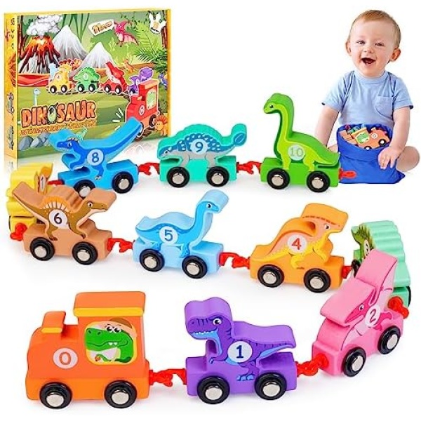 Cars for Toddlers 1-3,Topunny Number Train Toy Dinosaur Toys for 1 2 3 Year Old Boys Baby Montessori Toys Wooden Train Set for Kids Toys for 1 2 3 Years Boys Girls