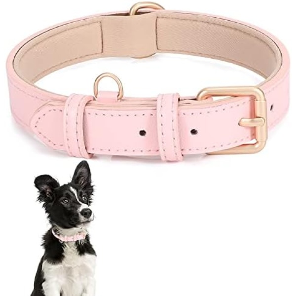 Classic Leather Dog Collar for Small Medium Large Dogs Soft Neoprene Padded Adjustable Pet Collars Heavy Duty Dog Collar,Pink,38cm