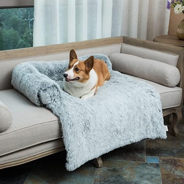 Coohom Calming Dog Bed Pet Couch Protector Dog Cat Bed Mats for Furniture with Removable Washable Cover,Plush Sofa Cover Cushion with Soft Neck Bolster (Medium 36", Light Grey)