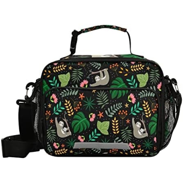 Cute Baby Sloth Kid's Lunch Bag Tropical Floral Lunch Box Bag Spacious Cooler Tote Bag Back to School Thermal Meal Tote Kit for Boys,Girls,Women,Men