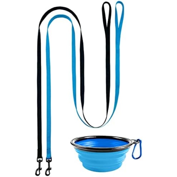 DOYOO 2 Pack Puppy Dog Leash Cat Leash, Strong and Durable Leash with Easy to Use Collar Hook - Dog Leashes for Cat with Collapsible Pet Bowl Great for Small and Medium Dog (Set 1-Black+Blue)