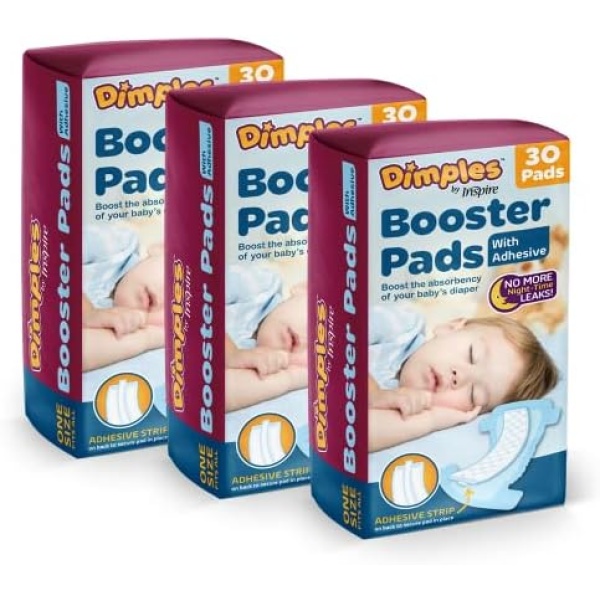 Dimples Booster Pads, Baby Diaper Doubler with Adhesive - 1 Size Fits All Diapers - Boosts Diaper Absorbency - No More leaks 90 Count (with Adhesive for Secure Fit)