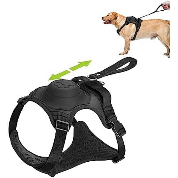 Dog Harness with Built-in Retractable Hands-Free Dog Leash Set, 2 in 1 Dog Harness with Handle for Lifting, Adjustable Soft Padded Pet Vest Harness for Small and Medium Dogs Training Walking, Black