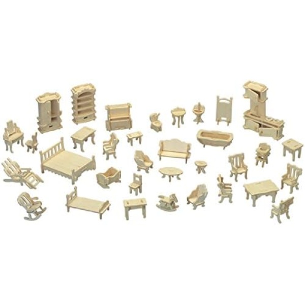 Dollhouse Furniture - Laser Cut Wooden 3D Puzzle DIY Miniature Doll House Kit House Furniture Set - 34 Pieces