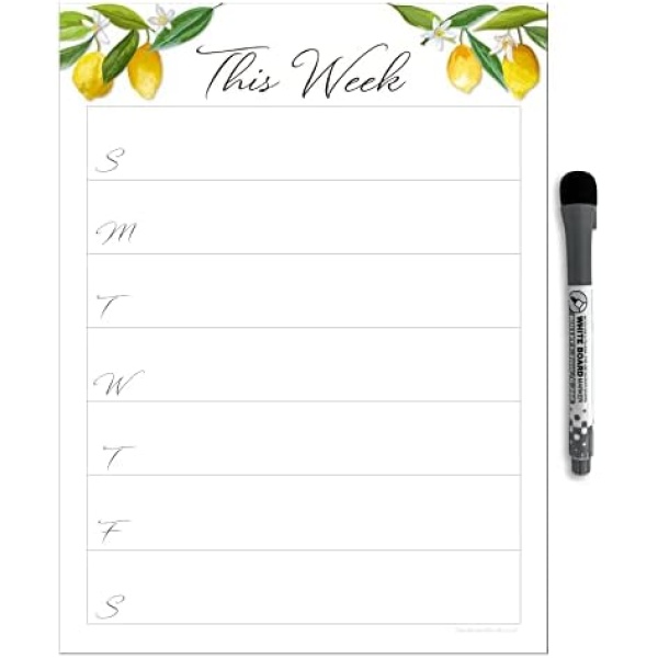 Dry Erase Weekly Calendar Planner Sticker Decal | Removable & Reusable | Magnetic Fine-Tip Marker Included (9 x 12 inches, Lemon Fresh)