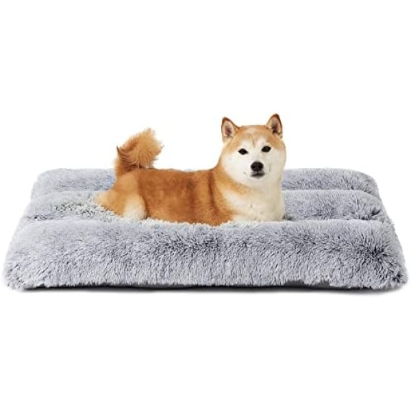 EHEYCIGA Calming Dog Crate Bed Large, Washable Anti Anxiety Dog Pet Bed, Fluffy Dog Pillow Mat with Anti-Slip Bottom, Grey, 35.4"x23.6"x4"