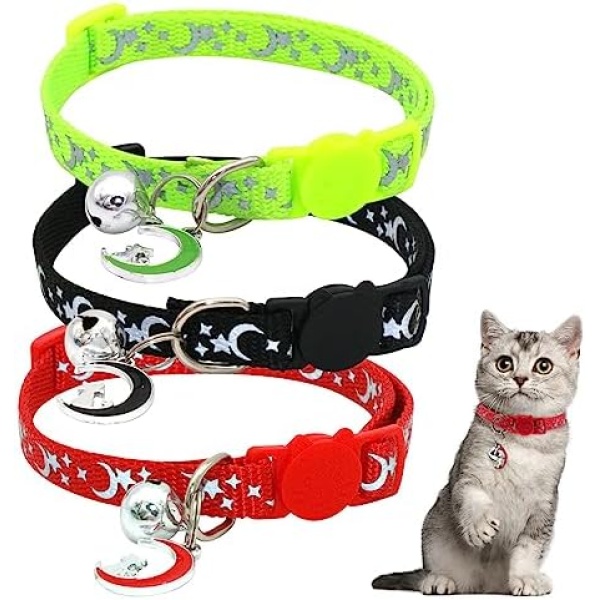 Easilywinlife 3-Pack Reflective Cat Collars with Breakaway Buckle and Bell, Adjustable 7.5-12.6 Inch and Safe Collars for Pet Kittens, Stars and Moon Design(Red/Black/Green)