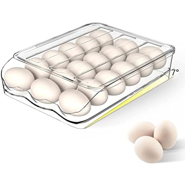 Egg Holder for Refrigerator, Automatically Rolling Egg Container for Fridge with Lid - Egg Fresh Storage Tray for Refrigerator or Fridge Organizer (1 Layers Holder 18 Eggs)