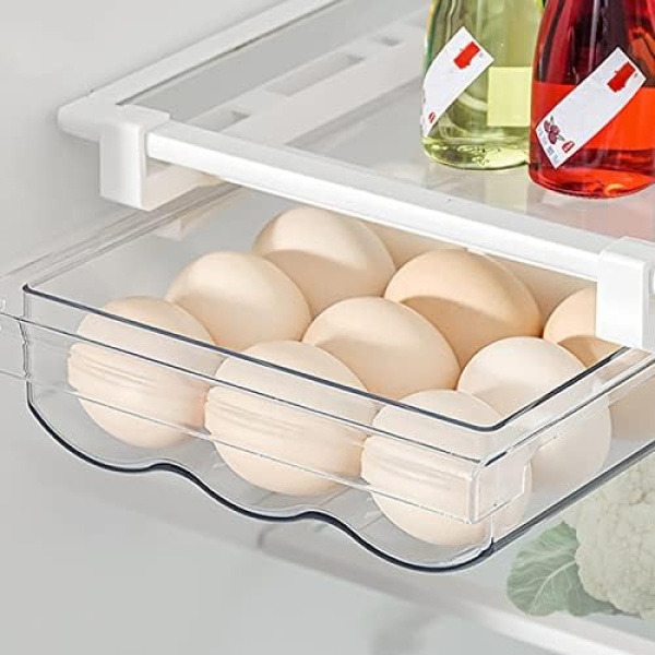 Egg Holder for Refrigerator with Handle, Automatic Rolling Egg Storage Container for Refrigerator Clear Plastic Egg Drawer for Refrigerator Pull Out Egg Tray for Fridge Shelf