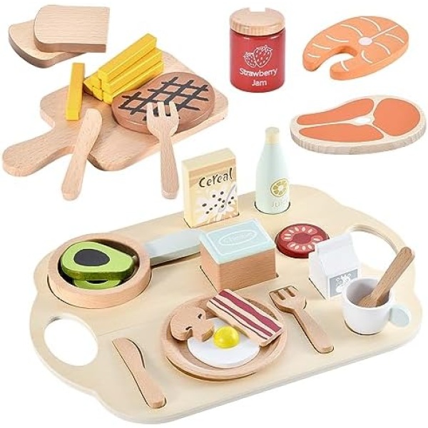 Ehome Montessori Wooden Play Food Sets, Christmas Wooden Toy Pretend Play Kitchen Toys Kids Pretend Play Food Accessories with Tray, Toddlers Breakfast Food Playset Gift for Boys Girls 3+