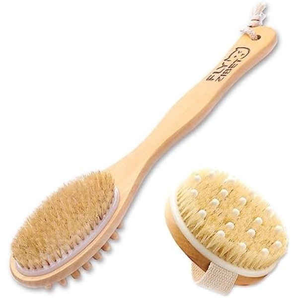 FLYZIBET Exfoliating Shower Body Brush, Back Scrubber for Shower, Dry Brushing Body Brush with Natural Bristles for Soft, Glowing Skin Promote Blood Circulation(1 Long Handle and 1 Round Back Brush)