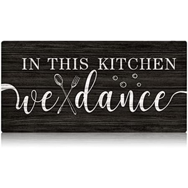 FWIEXA In This Kitchen We Dance Rustic Wood Sign, Funny Kitchen Wall Art Sign Plaque, Farmhouse Wooden Hanging Wall Decor for Home Kitchen Dining Room Restaurant (16''x8'')