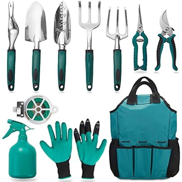 FiveJoy Garden Tool Set, 11 Piece Aluminum Alloy Steel Hand Tool Starter Kit with Garden Bag, Outdoor Tool, Heavy Duty Gardening Work Set with Ergonomic Handle, Gardening Tools for Women and Men