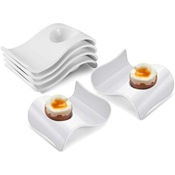 Flexzion Ceramic Egg Holder Cup - 6-Piece Hard Boiled Egg Holder & Soft Boiled Egg Holder Set, White Coddled Egg Cup, Stable & Stackable Modern Wave Style Egg Serving Dish with Base