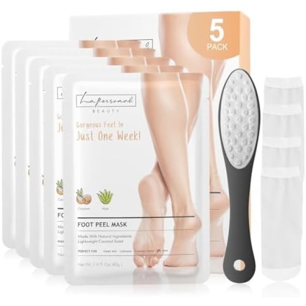 Foot Peel Mask (5 Pairs) - 3-in-1 Foot Peeling Mask + Foot Scrubber + Socks, Foot Care Kit for Cracked Heels, Callus Remover for Feet, Natural Exfoliating for Dead Skin