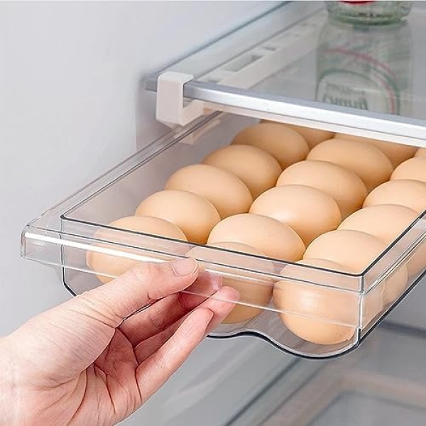 Fridge Egg Drawers,Egg Holder for Fridge Pull Out Box Egg Storage Box Snap On Drawer Organizer Clear Egg Tray for Refrigerator,Max Hold: 21 count