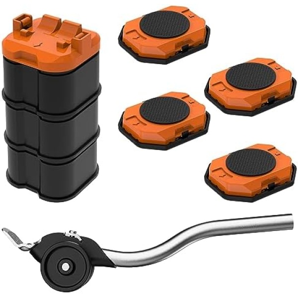 Furniture Lift Mover Tool, Heavy Duty Furniture Lifter and Movers Set with Sliders - Easily Move Heavy Items on Hardwood Flooring and Carpet (Orange)