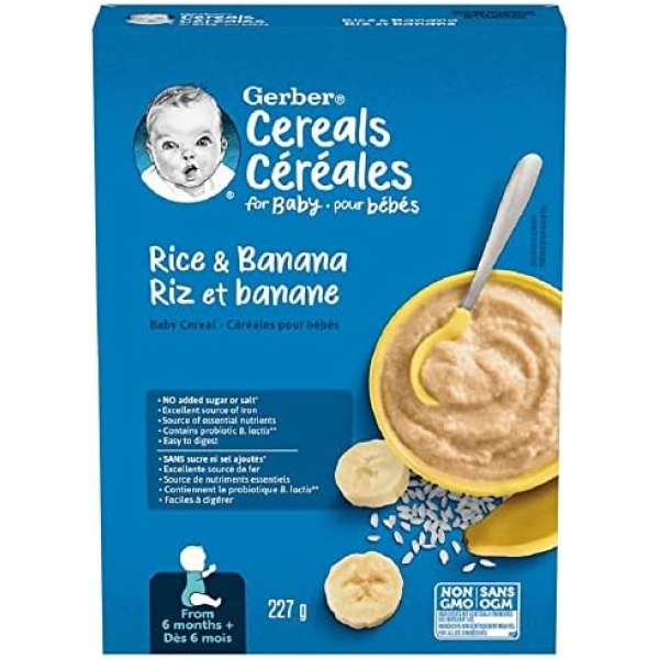 GERBER CEREAL Stage 2 - Rice and Banana, Baby Food, Cereal, 6+ months, 227 g, 6 Pack - PACKAGING MAY VARY