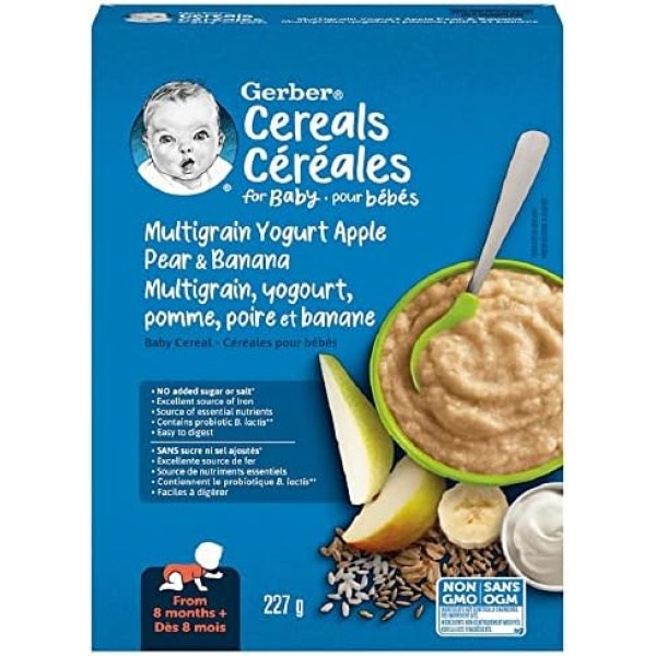 GERBER CEREAL Wheat with Yogourt & Apple Pear Banana, Cereal, 8+ months, 227 g, 6 Pack - PACKAGING MAY VARY