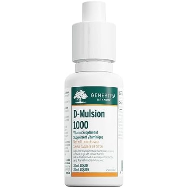 Genestra Brands - D-Mulsion 1000 IU – Over 1000 Drops Per 30 ml Bottle – Emulsified Vegetarian Vitamin D3 Supplement for Kids & Adults 1 Year and Older - Helps Support Immune Function, Build Strong Bones and Teeth, Prevents Vitamin D Deficiency. Natural Lemon Flavour. Non-GMO, Gluten Free, Dairy Free