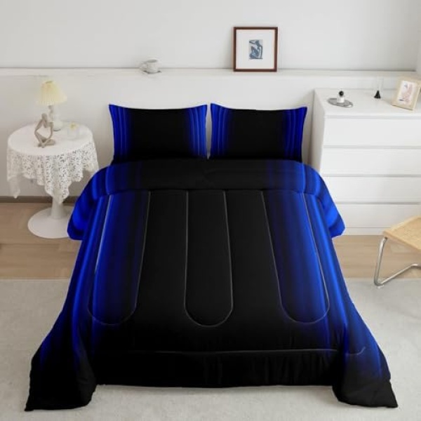 Geometric Abstract Ombre Comforter Set Kids Teens Dark Blue and Black Striped Bedding Bed Set Decor Modern Fashion Comforter Inner Fill Bedroom Collection 3Pcs Queen Size