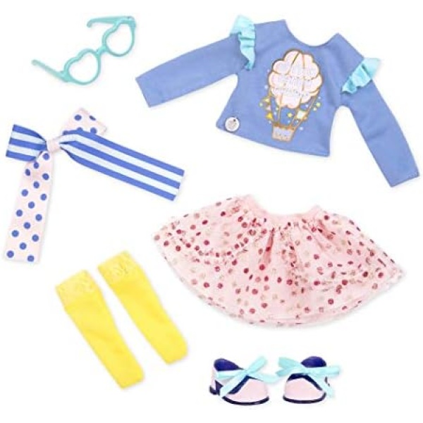 Glitter Girls – Cotton Candy Outfit – Ruffle Skirt & Hot Air Balloon Shirt – Heart Glasses, High Socks, Hair Bow – 14-Inch Doll Clothes & Accessories – 3 Years + – Spun Sugar Fun!