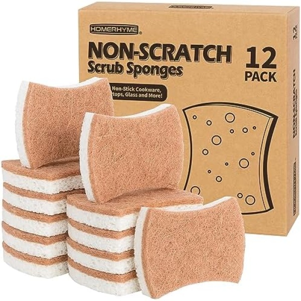 HOMERHYME Scrub Sponges Kitchen 12 Pack, Natural Dish Sponges for Cleaning Kitchen, Bathroom, and Household, Odor Free Eco-Friendly Reusable Non-Scratch Sponges Safe for Non-Stick Cookware