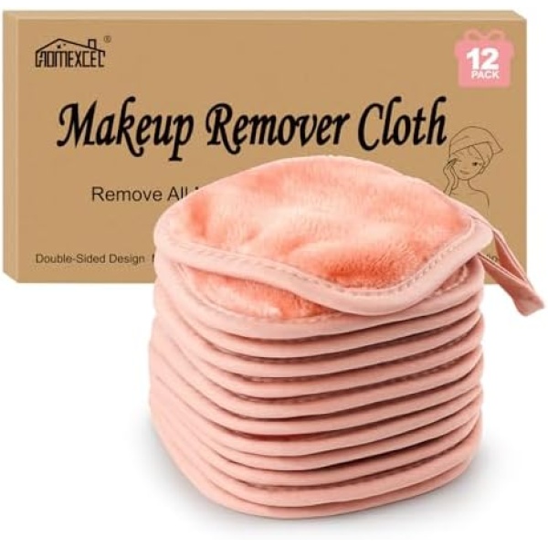 HOMEXCEL Makeup Remover Cloth 12 Pack,Reusable Makeup Remover Pads,Washable Ultra Soft Facial Cleansing Cloths For All Skin Types,5 X 5 In,Pink