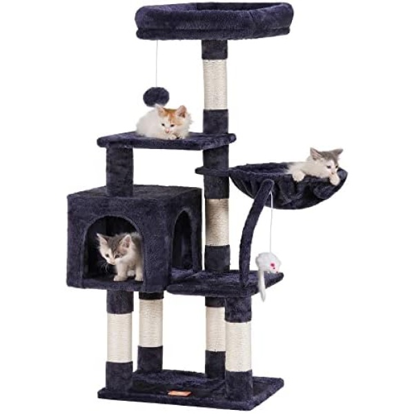 Heybly Cat Tree with Toy, Cat Tower condo for Indoor Cats, Cat House with Padded Plush Perch, Cozy Hammock and Sisal Scratching Posts, Smoky Gray HCT004SG