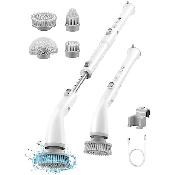 HiCOZY Electric Spin Scrubber HS1, Cordless Shower Scrubber with 4 Replaceable Brush Heads Adjustable Extension Handle, Power Cleaning Brush for Bathroom, Floor, Tile, Kitchen White