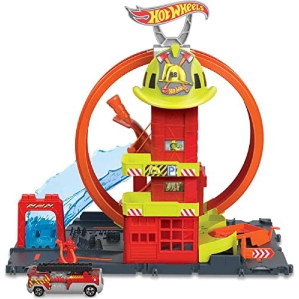 Hot Wheels City with 1 Toy Car, Kid-Powered Elevator, Water-Like Ramp, Track-Play Features, Connects to Other Sets, Fire Station with Super Loop