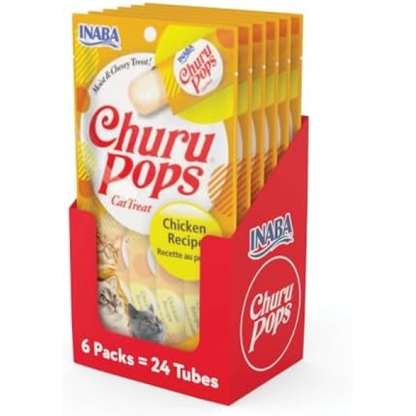 INABA Churu Pops for Cats, Soft & Moist Jelly Cat Treats with Vitamin E, 0.54 Ounces Each, 24 Tubes (4 per Pack), Tuna with Chicken