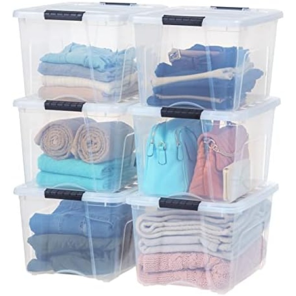 IRIS USA 37.9L (40 US QT) Stackable Plastic Storage Bins with Lids and Latching Buckles, 6 Pack - Clear, Containers with Lids and Latches, Durable Nestable Closet Garage Totes Tub Boxes for Organizing