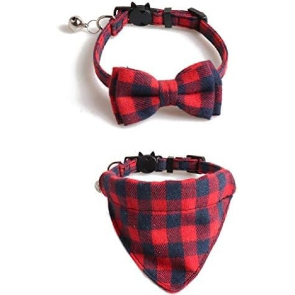 Imikoko 2 Pack of Bow Tie Cat Collar Bandana, Size Adjustable Plaid Cat Collars with Breakaway Bell - for Kitty Cats Puppy Dogs