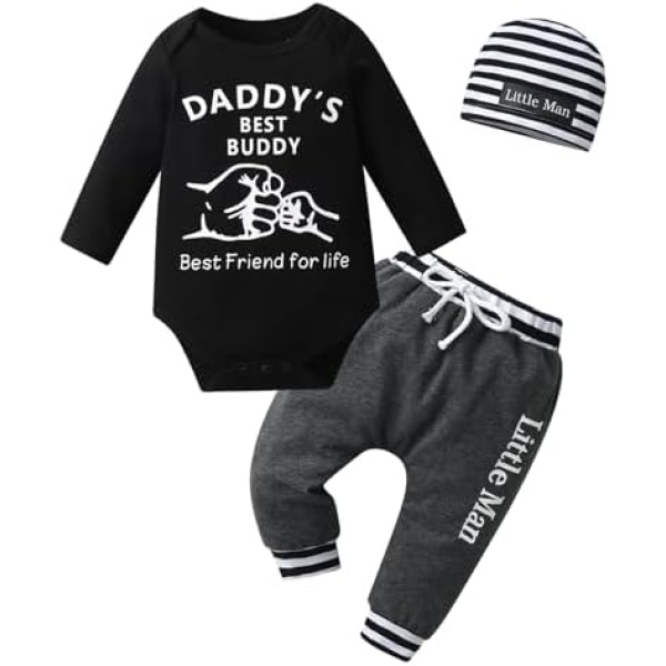 Infant Baby Boy Clothes Newborn Little Man Letter Print Romper +Pants+Hat 3pcs Outfit Set