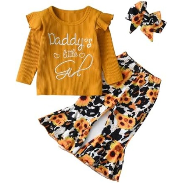 Infant Baby Girl Clothes Long Sleeve Ribbed Ruffle T-shirt Sunflower Flared Pants Bow Headband 3Pcs Outfits Set