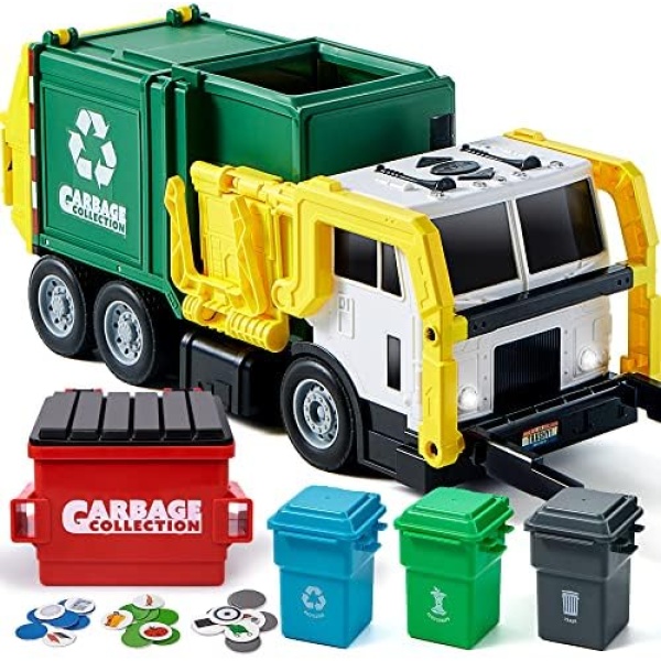 JOYIN 16" Large Garbage Truck Toys for Boys, Realistic Trash Truck Toy with Trash Can Lifter and Dumping Function, Garbage Sorting Cards for Preschoolers, Toy Truck Gift for Boy Age 2 3 4 5 Years Old